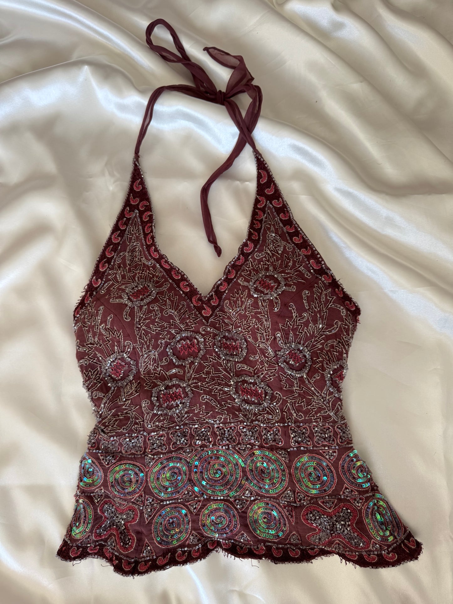 Brown Beaded Silk Vintage Top