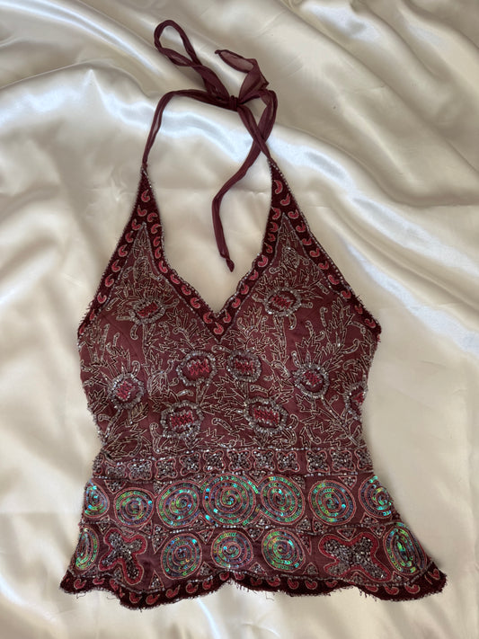 Brown Beaded Silk Vintage Top