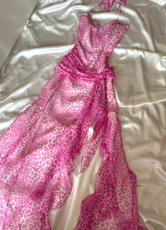 Pink Silk Vintage Leopard Panther Print Dress
