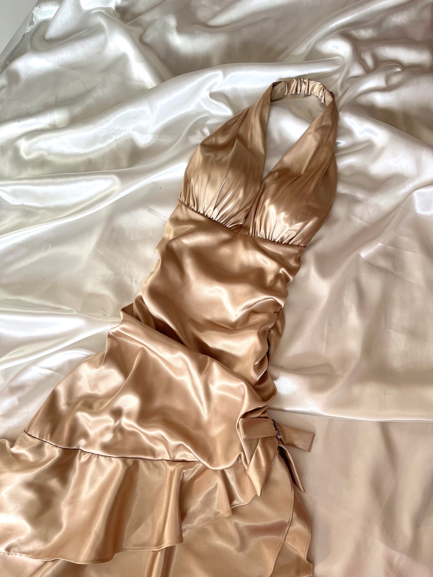 Beautiful Champagne Satin Side Rutched Vintage Dress