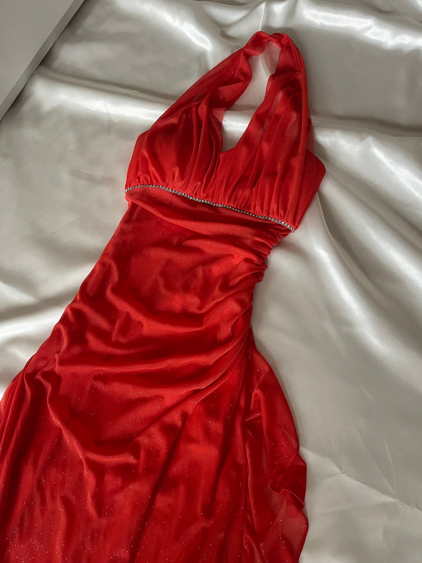 Sparkly Blood Orange Halter Neck Vintage Dress
