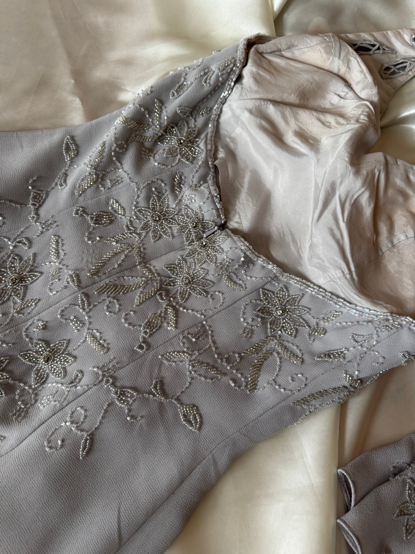 Gorgeous Gray Beaded Floral Vintage Royal Gown