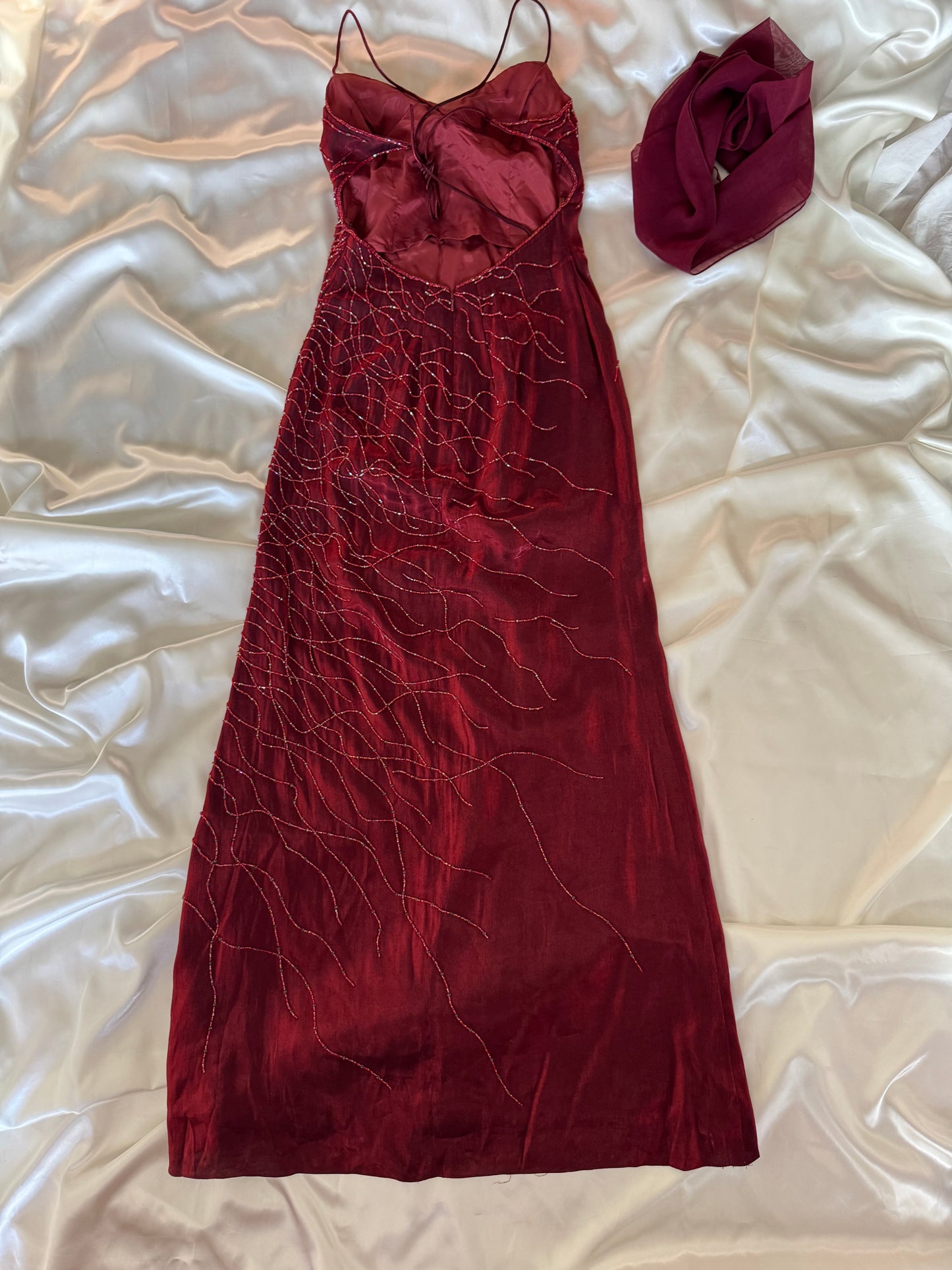 Red Flame Vampy Long Vintage Satin Beaded Gown