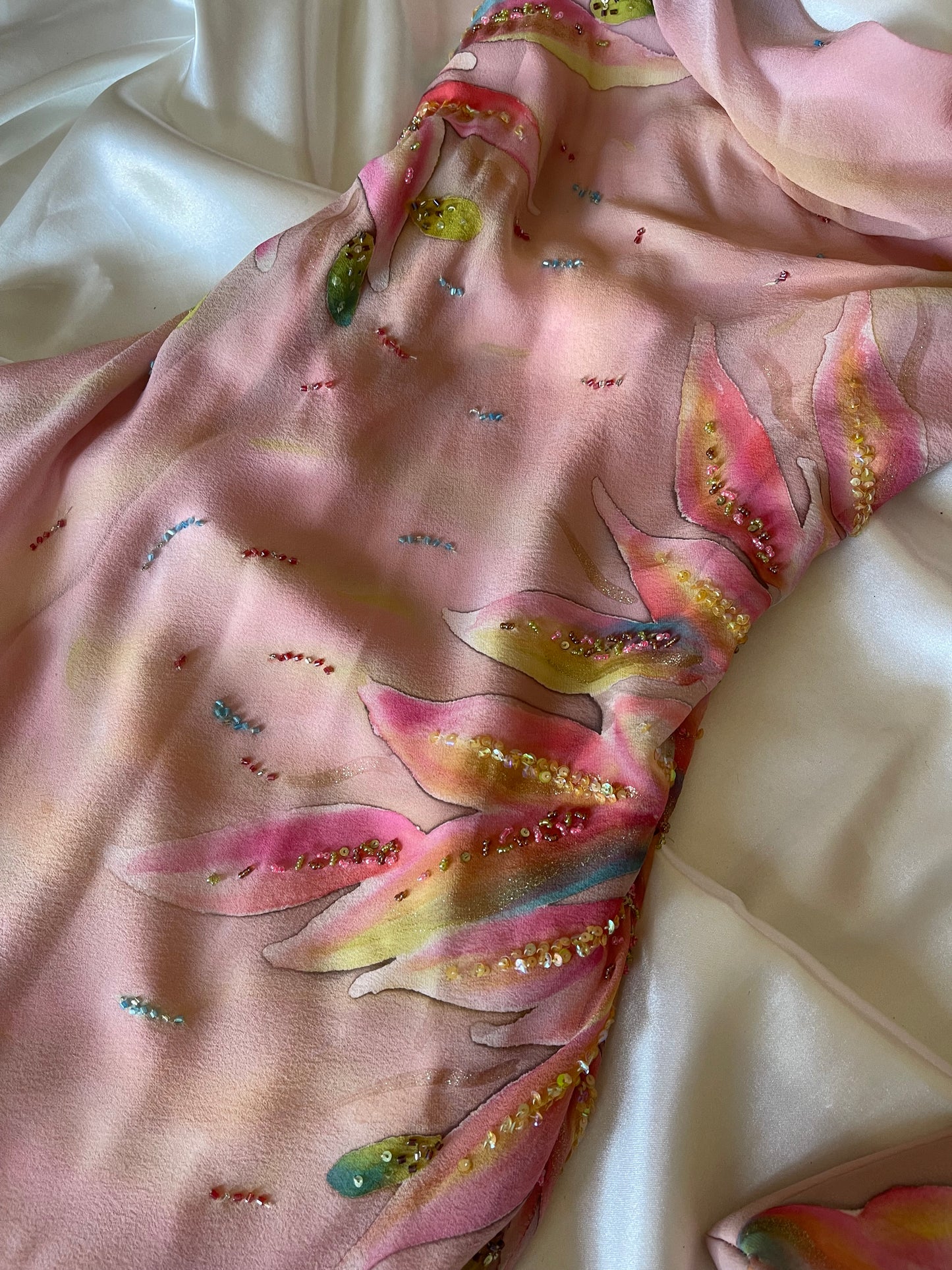 Spectacular Pink & Yellow Beaded Silk Dress