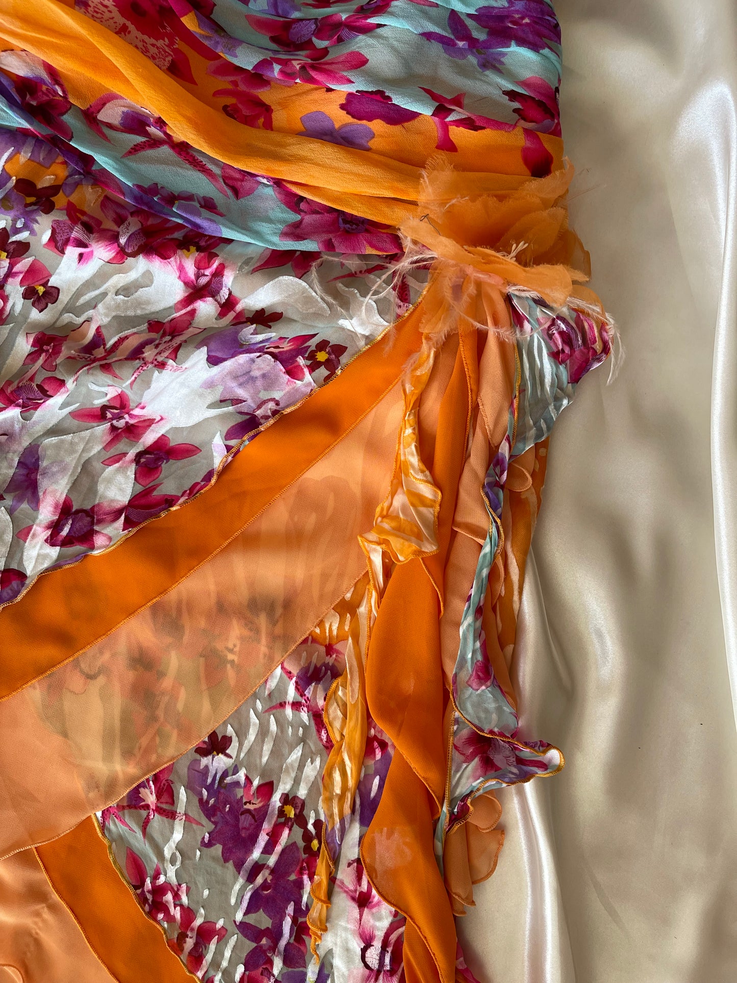 Beautiful Floral Orange Silk Vintage Dress