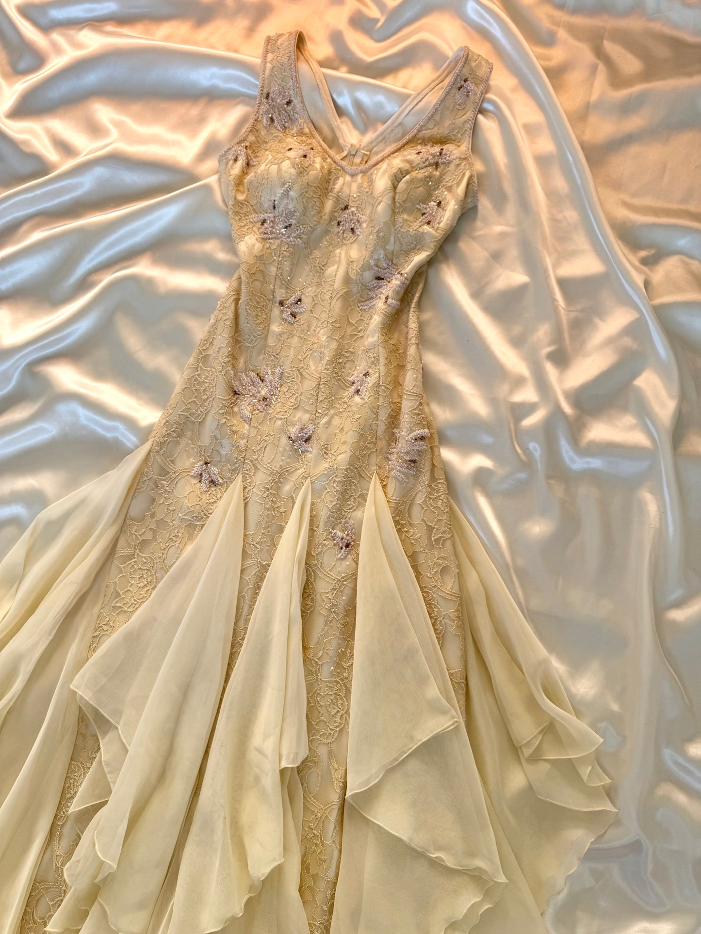 Cream Beaded Vintage Ruffle Dress