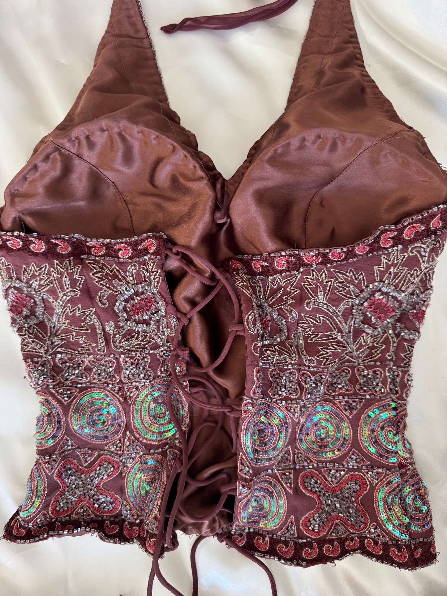 Brown Beaded Silk Vintage Top
