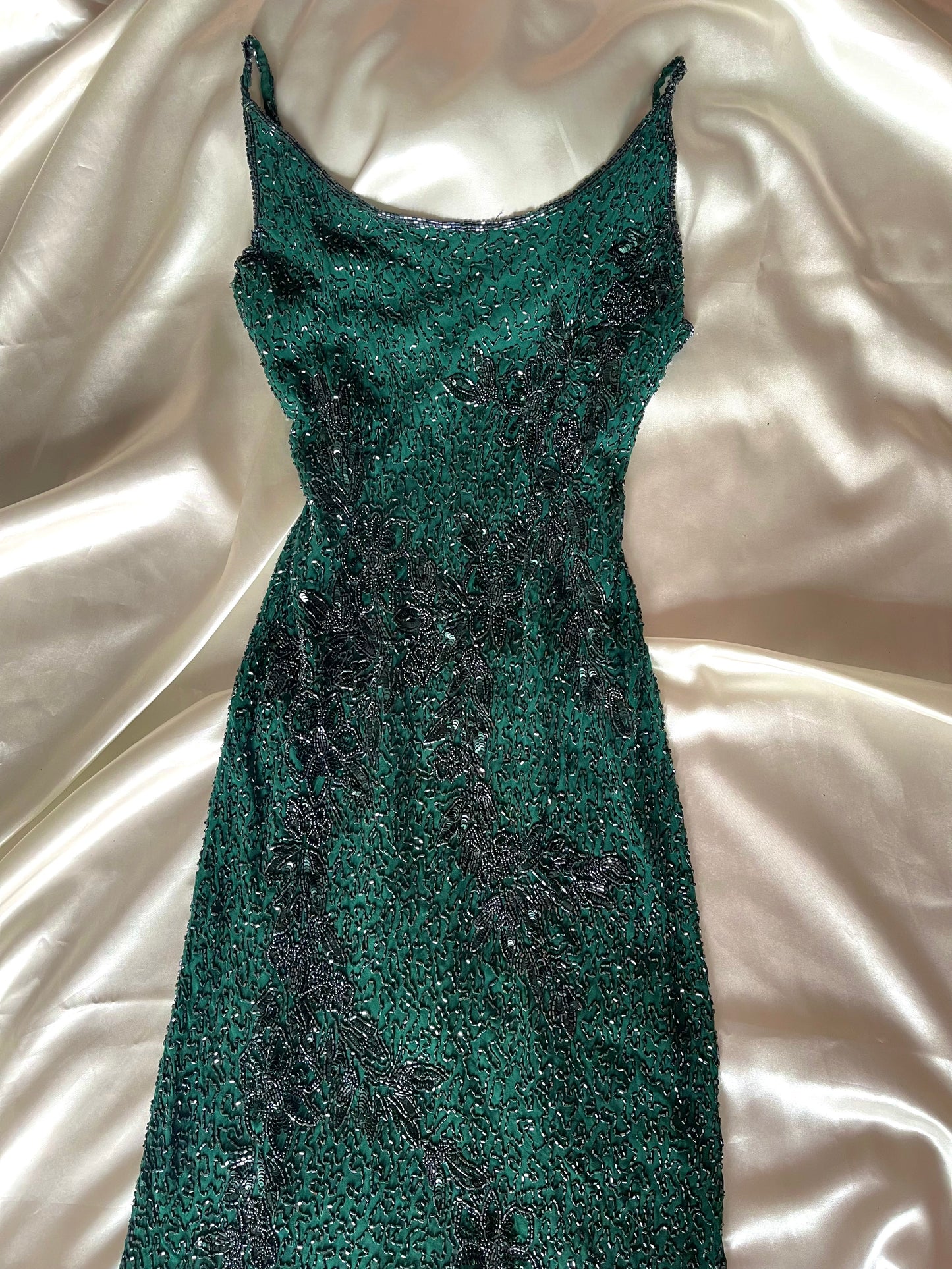 Vintage Long Green Fully  Beaded Dress