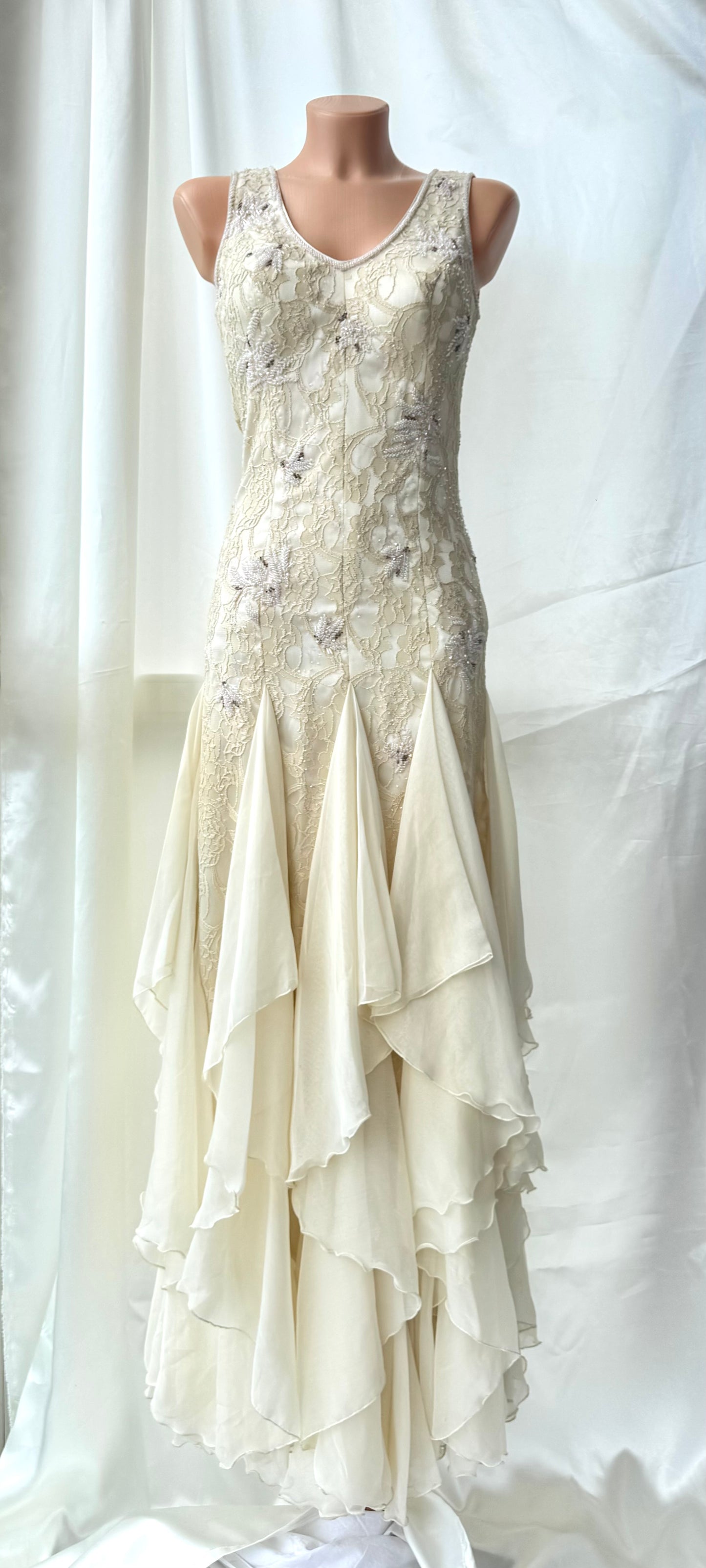 Cream Beaded Vintage Ruffle Dress