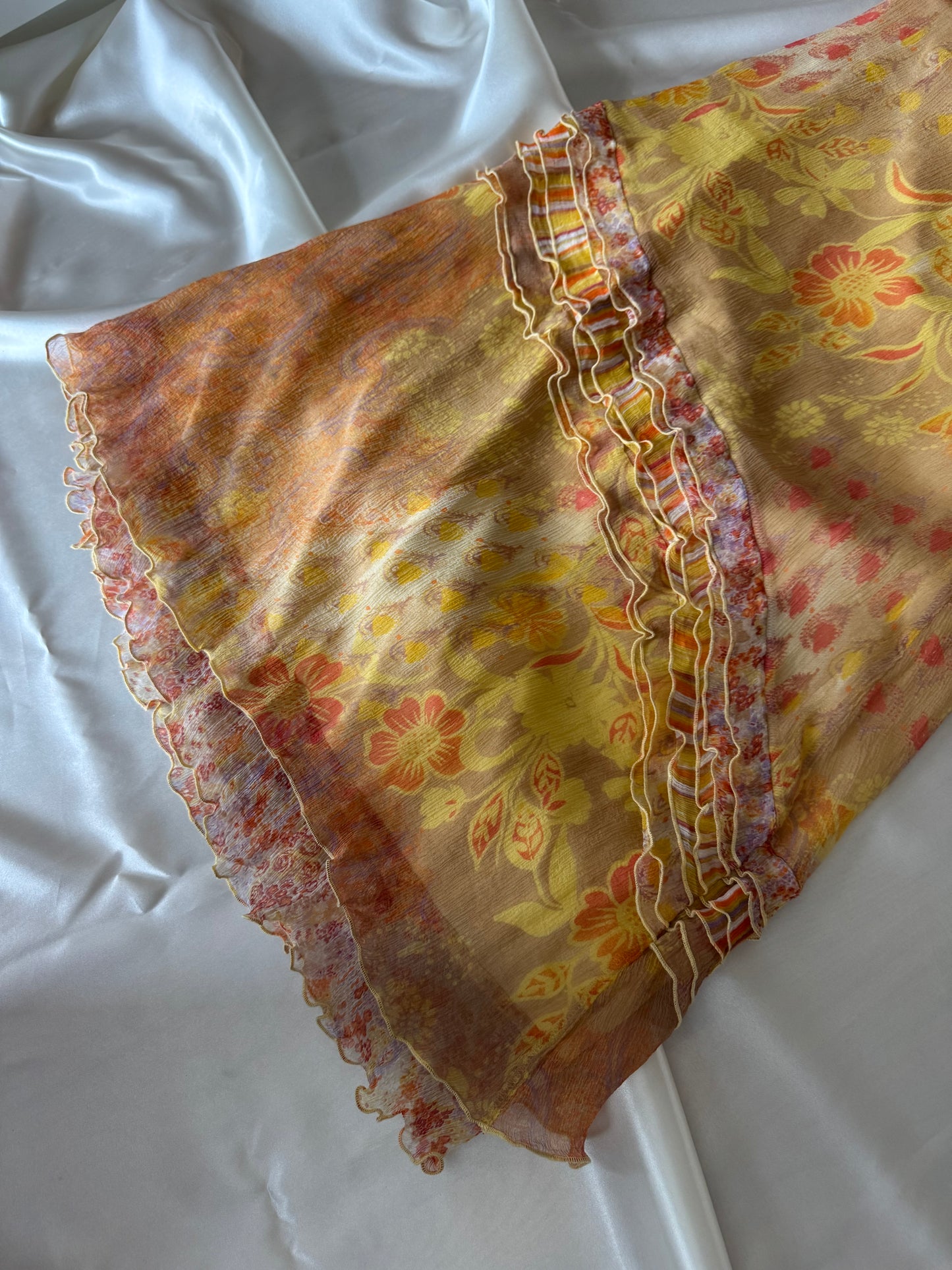 Vintage Yellow Floral & Striped Silk Skirt Set