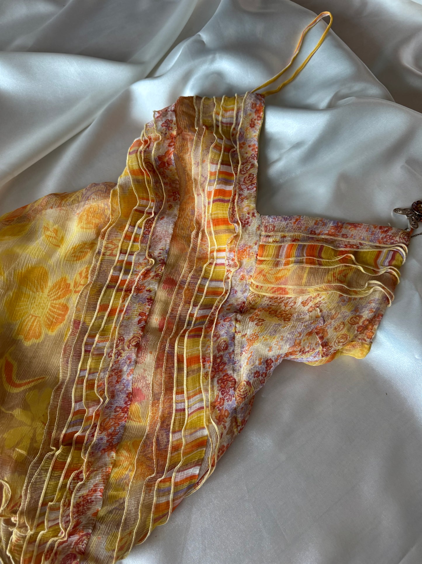 Vintage Yellow Floral & Striped Silk Skirt Set