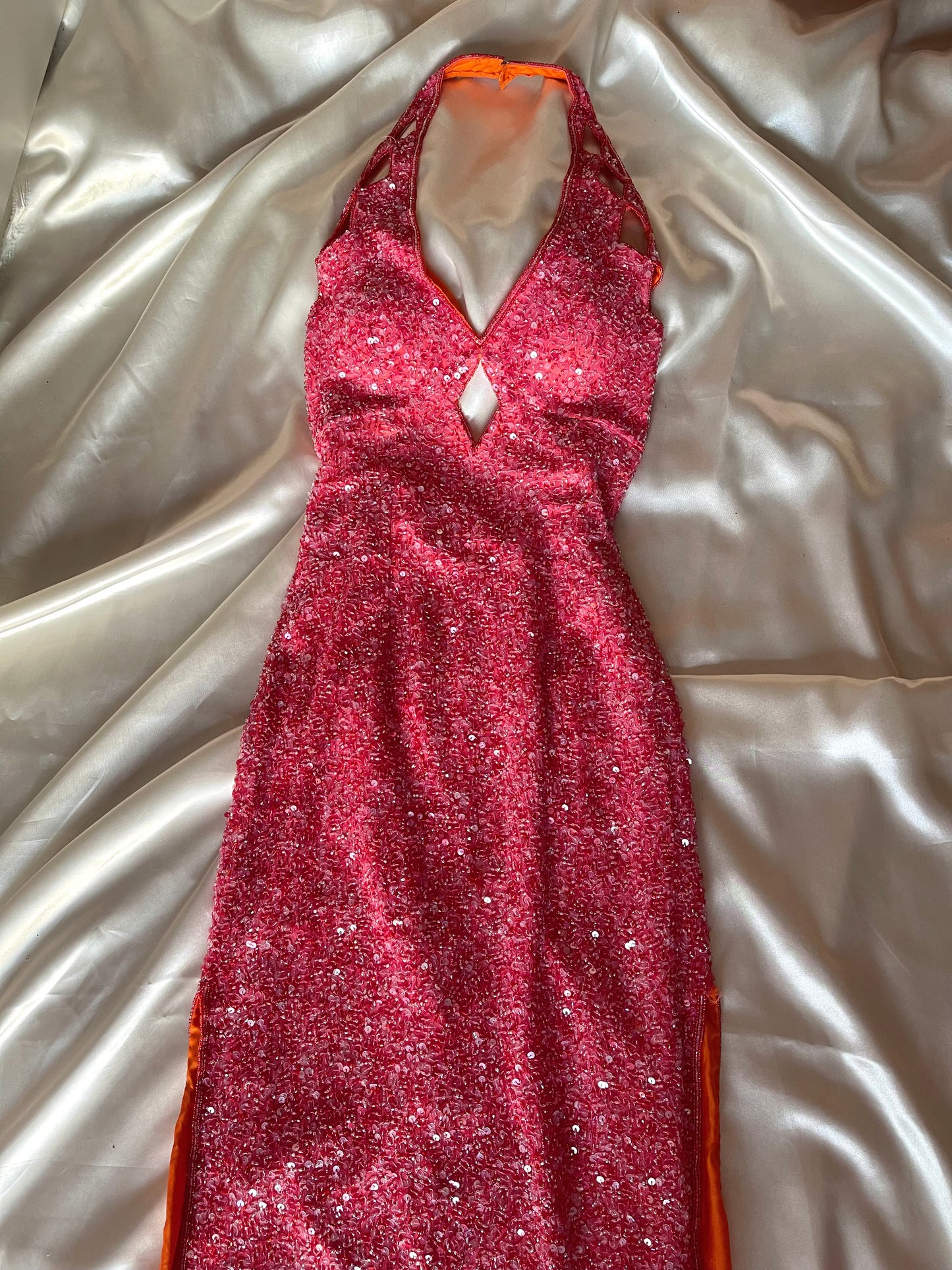 Vintage Long Pink Halter Neck Beaded Dress