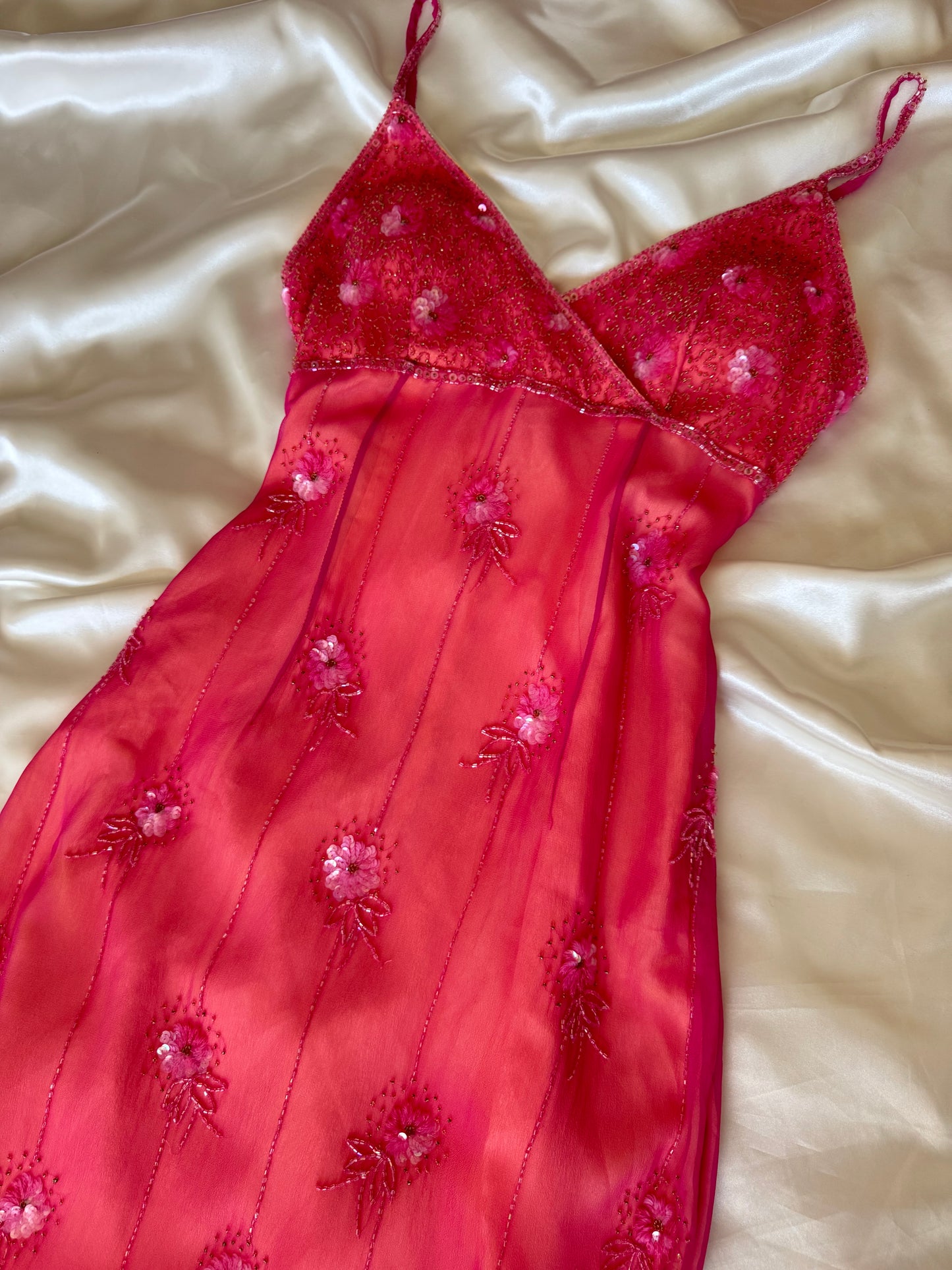 Stunning Beaded Vintage Pink Flower Silk Dress