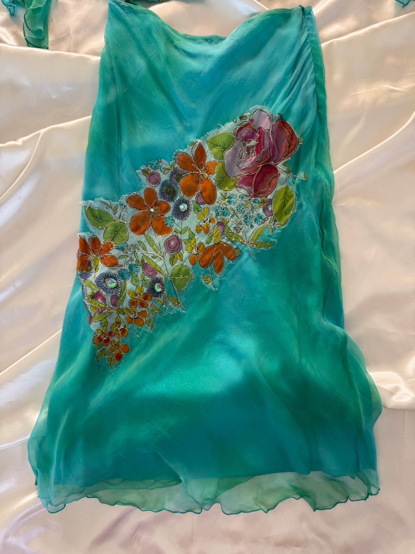 Flowy Green Blue Silk Skirt Set