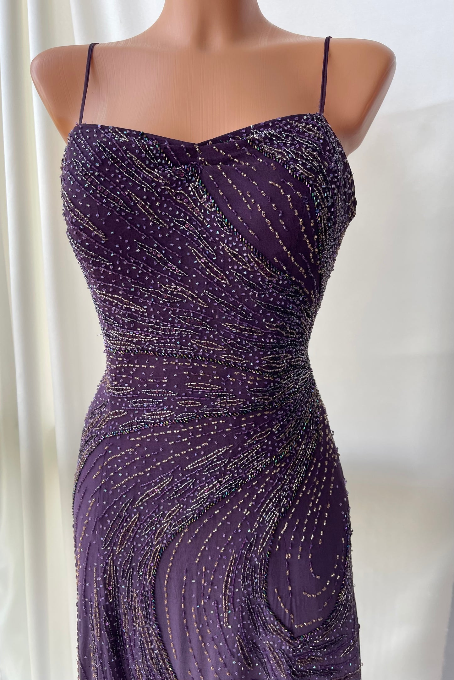 Vintage Long Purple Beaded Silk Dress