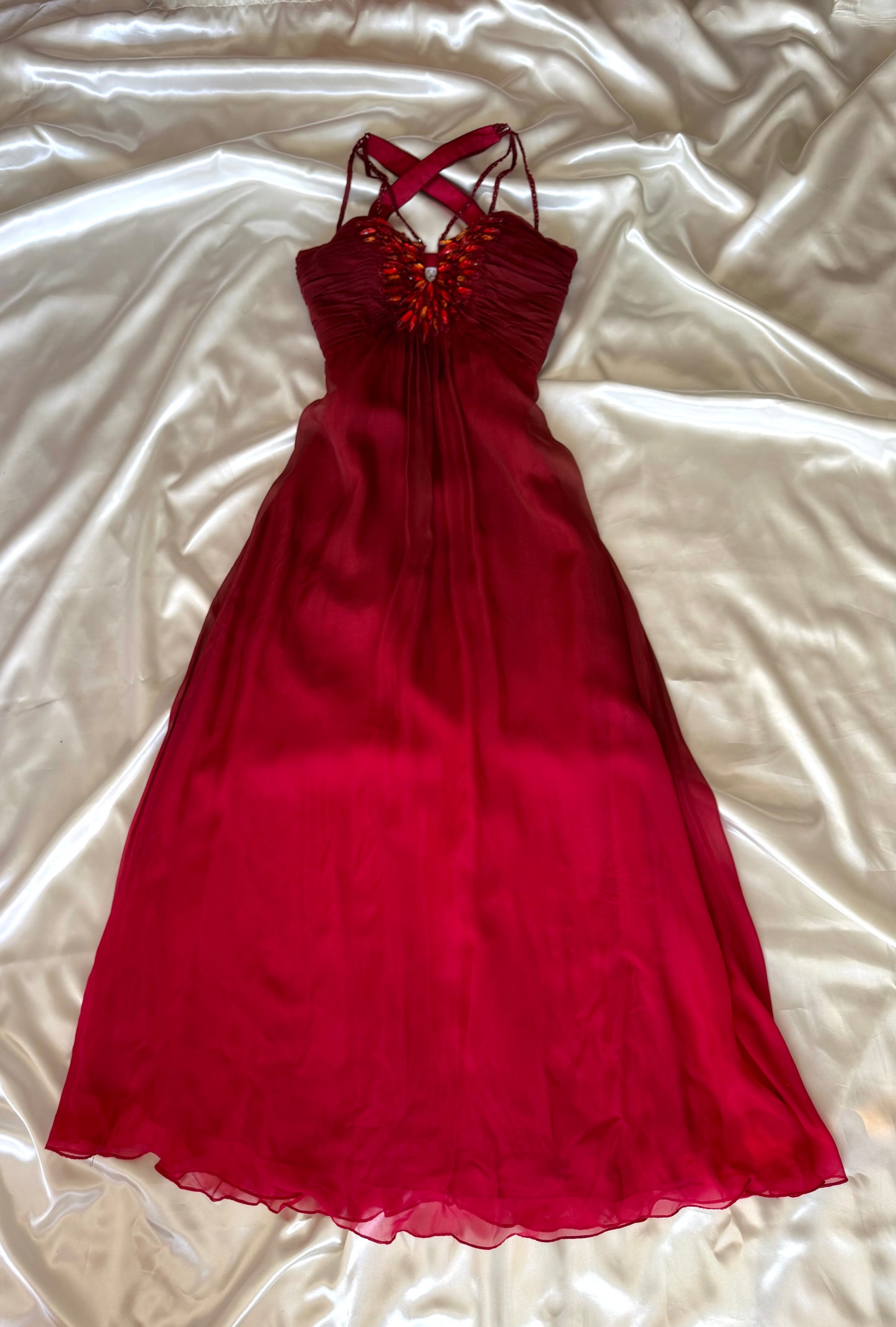 Vintage Long Red Beaded Silk Dress