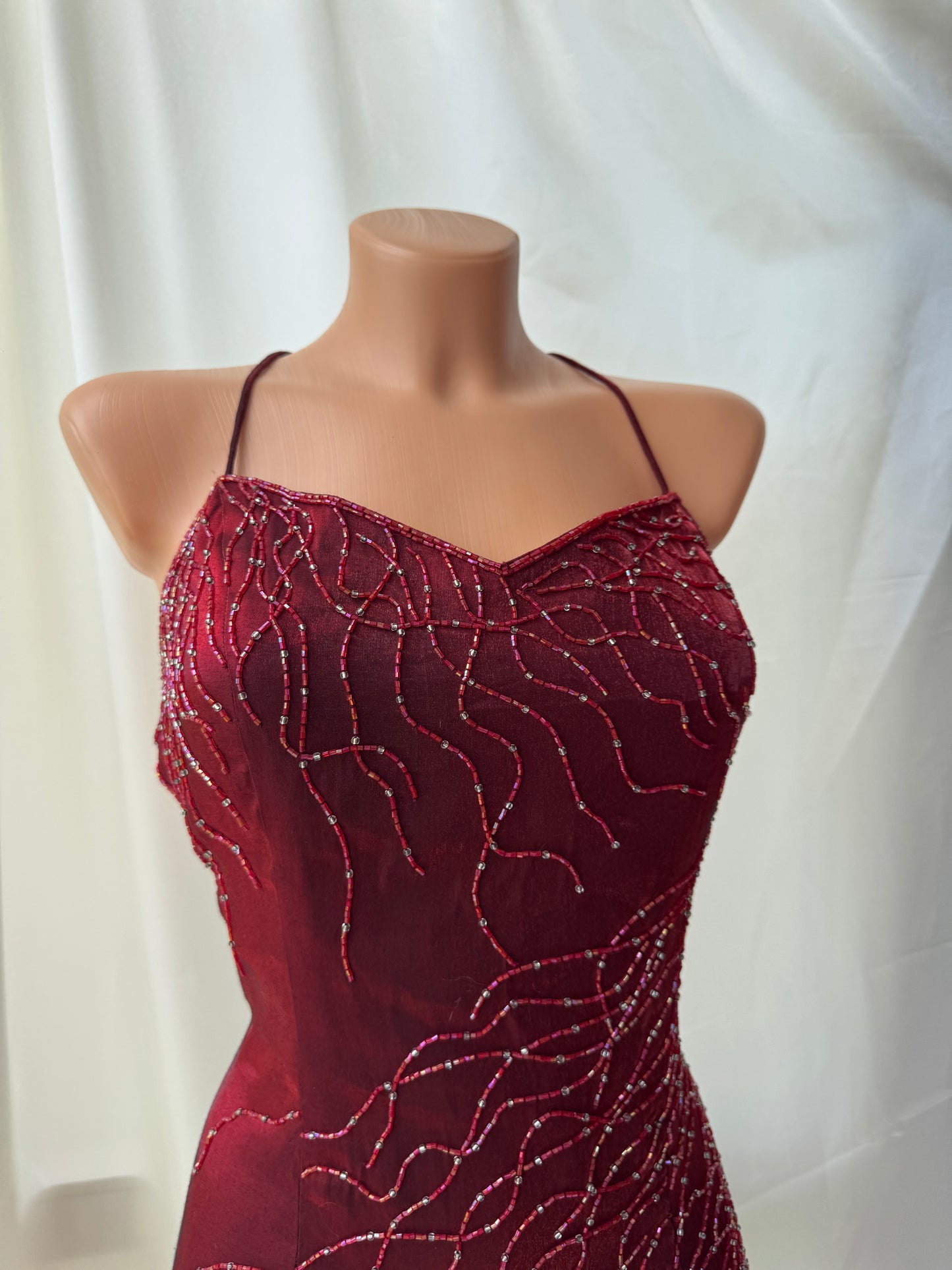Red Flame Vampy Long Vintage Satin Beaded Gown