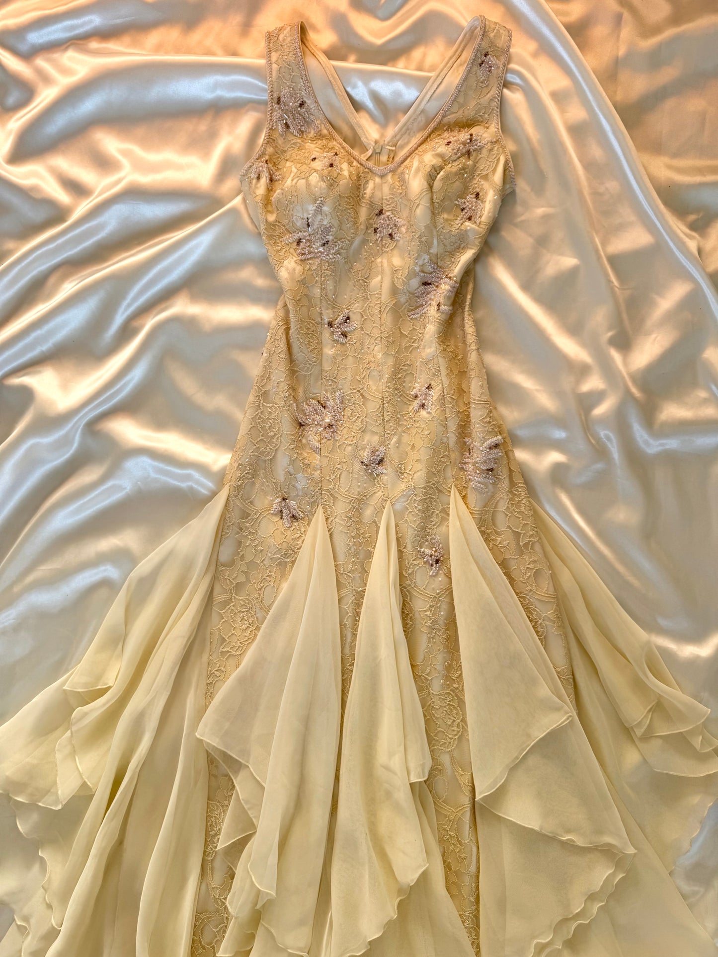 Cream Beaded Vintage Ruffle Dress