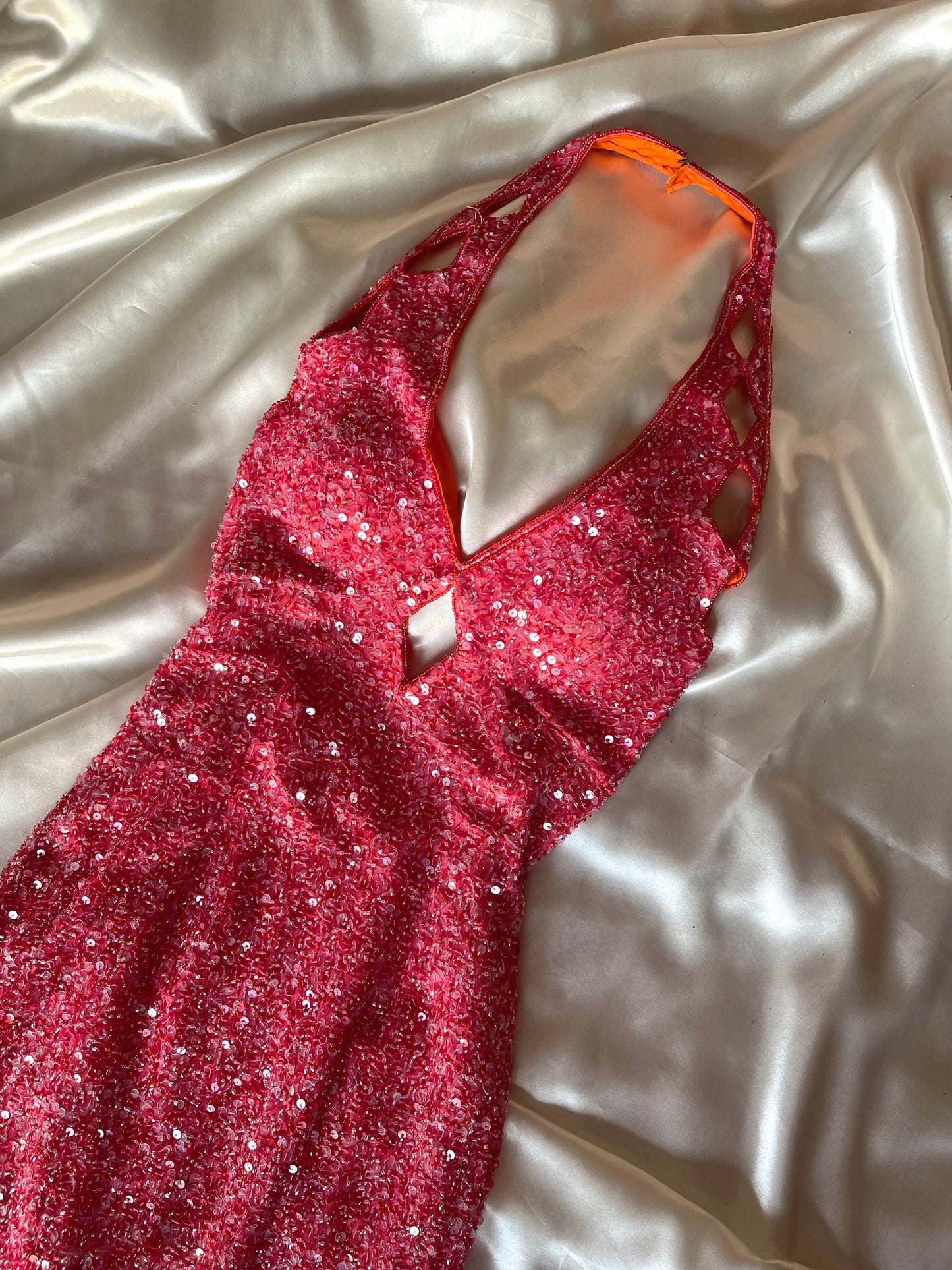 Vintage Long Pink Halter Neck Beaded Dress