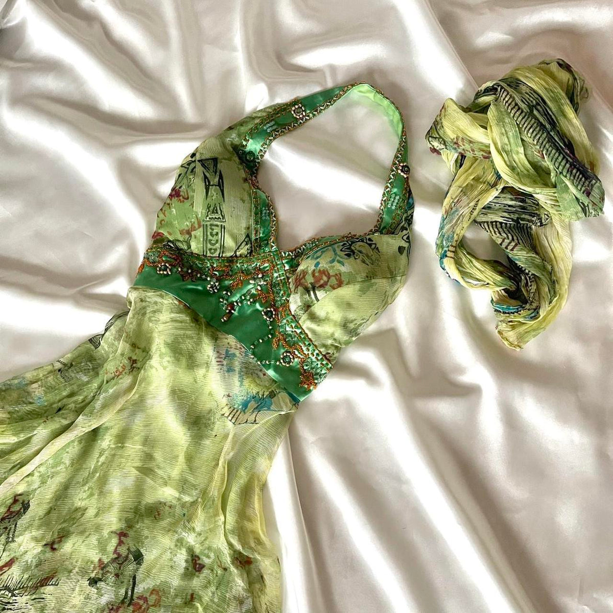 Green Silk Beaded Vintage Dress