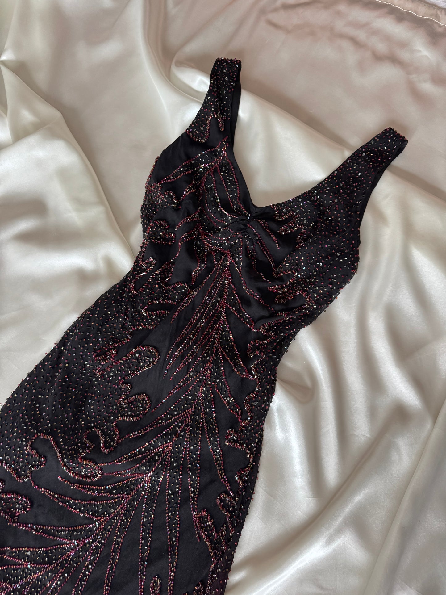 Long Black & Red Silk Beaded Vintage Dress