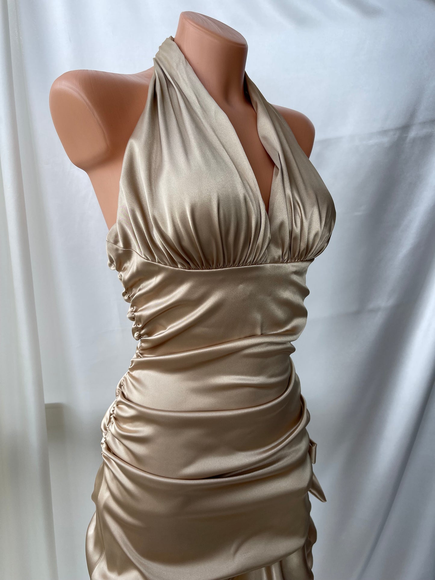 Beautiful Champagne Satin Side Rutched Vintage Dress