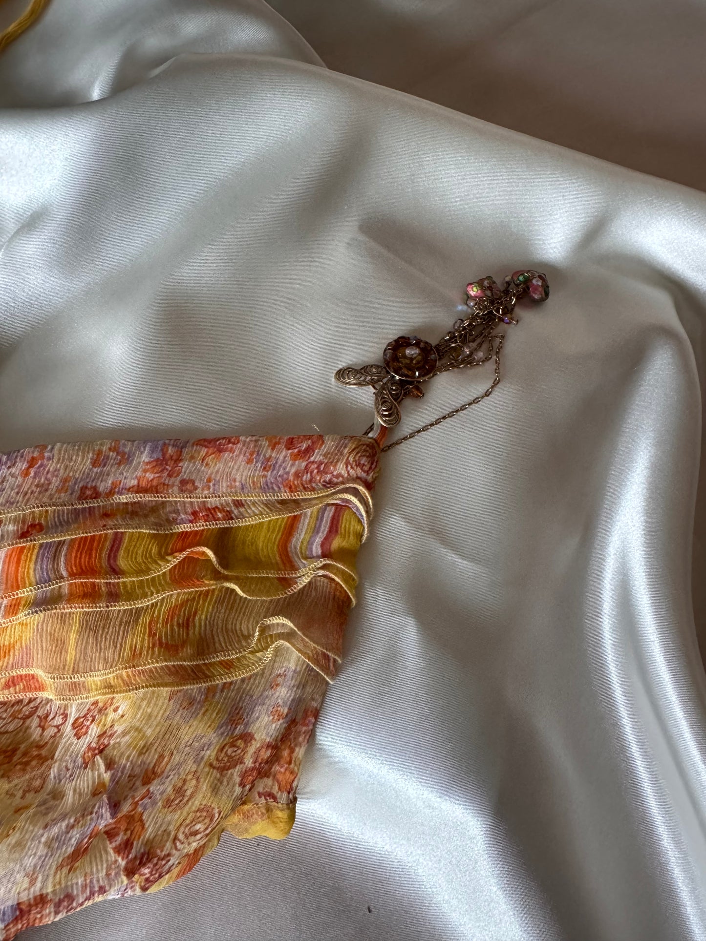 Vintage Yellow Floral & Striped Silk Skirt Set
