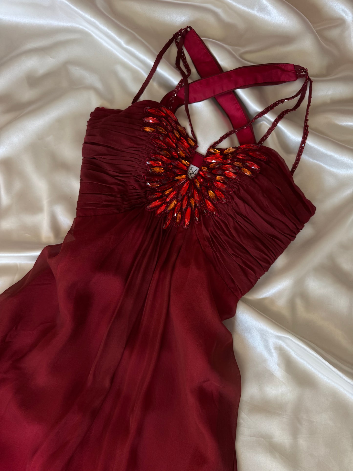 Vintage Long Red Beaded Silk Dress