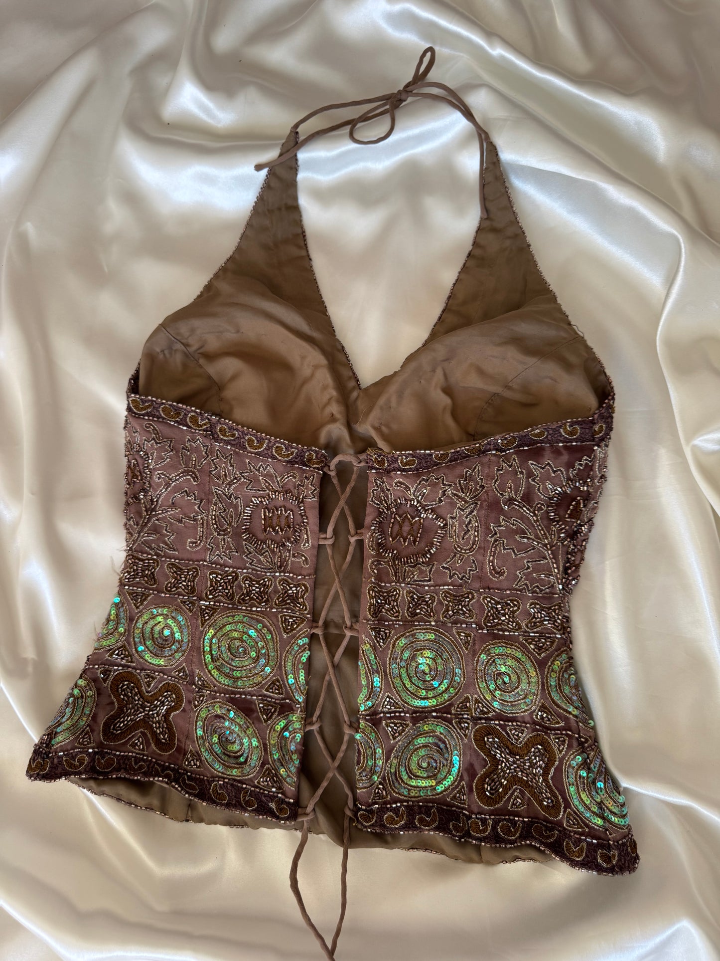 Brown Beaded Silk Vintage Top