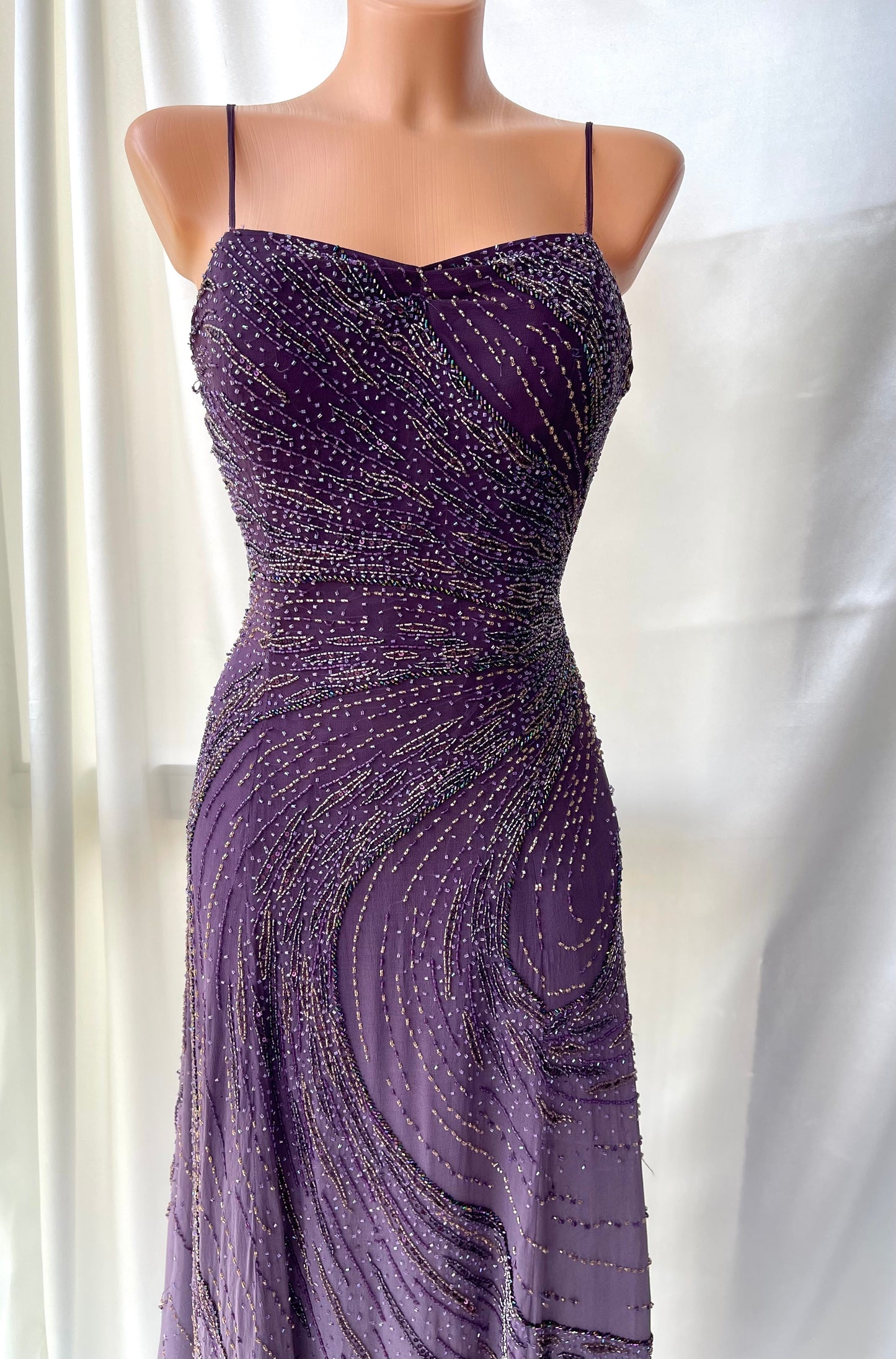 Vintage Long Purple Beaded Silk Dress
