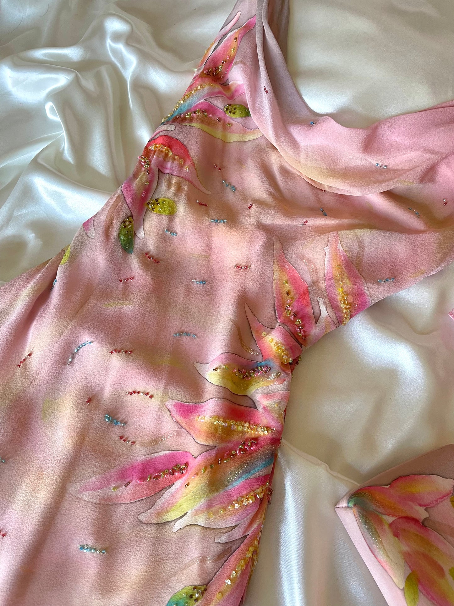 Spectacular Pink & Yellow Beaded Silk Dress
