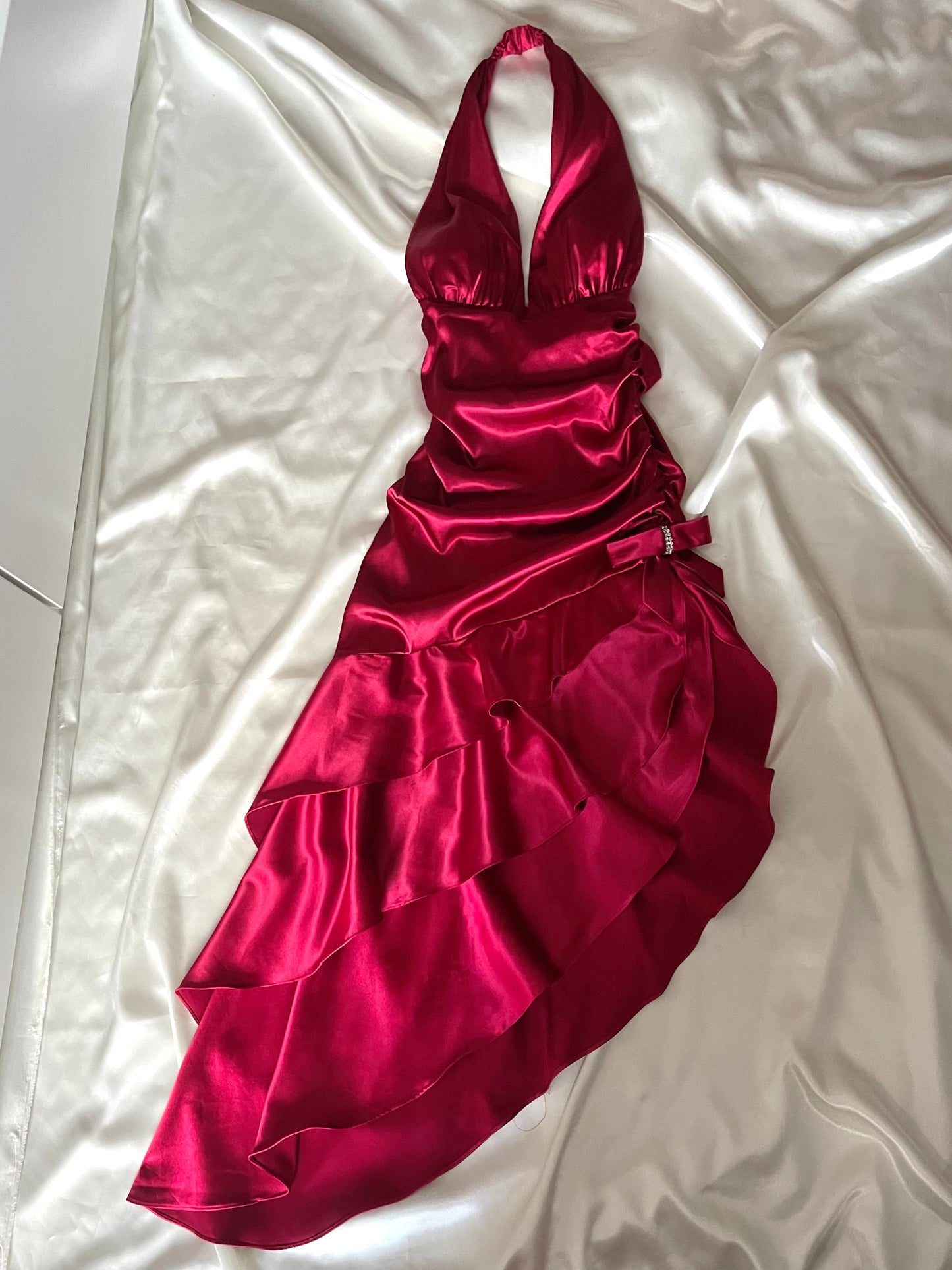 Beautiful Red Satin Side Ruched Vintage Dress