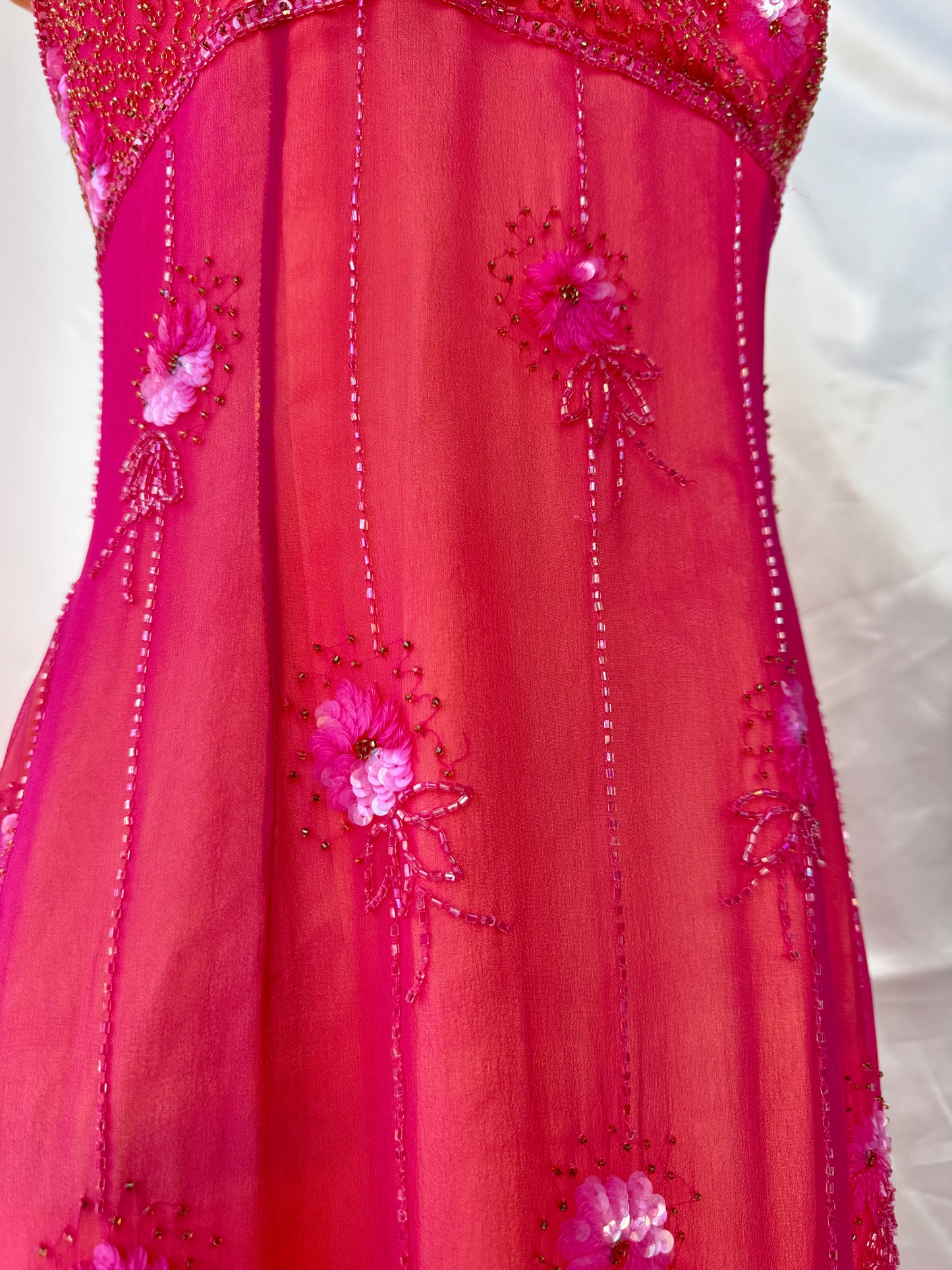 Stunning Beaded Vintage Pink Flower Silk Dress