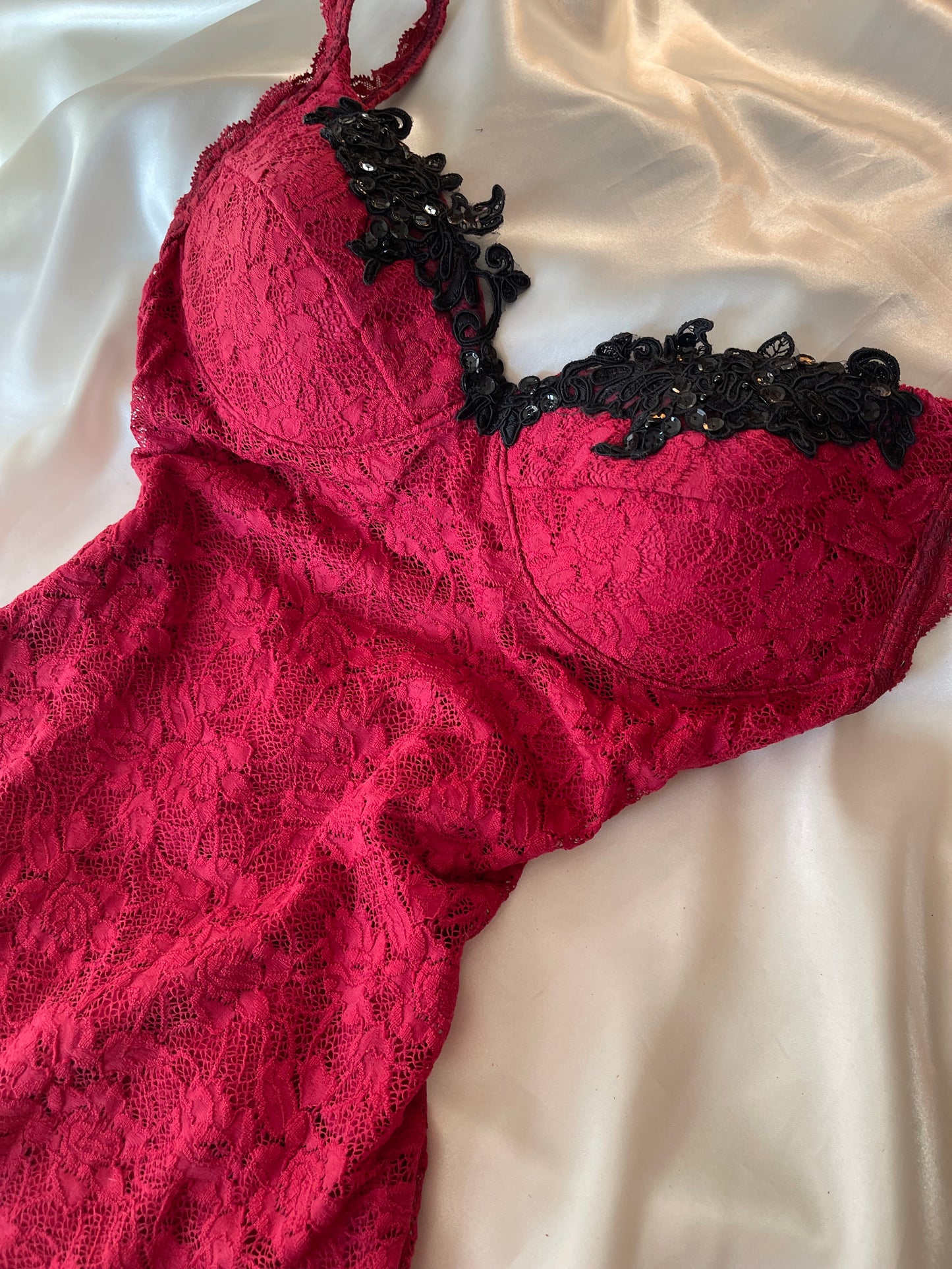 Red Vintage Gown with Black Lace Detailing