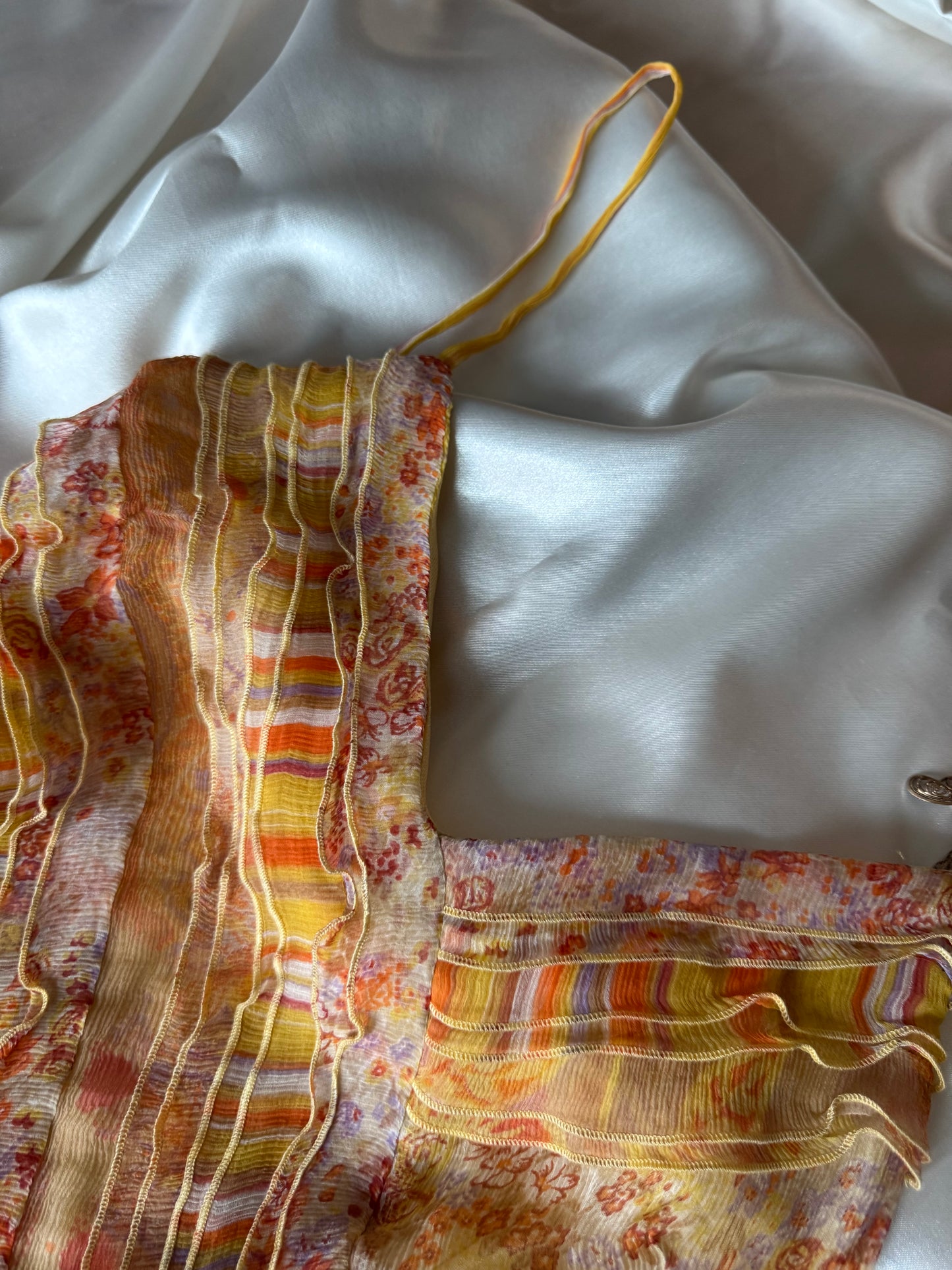 Vintage Yellow Floral & Striped Silk Skirt Set