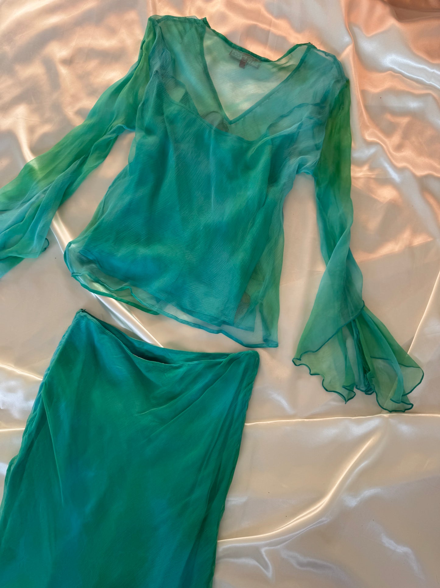 Flowy Green Blue Silk Skirt Set