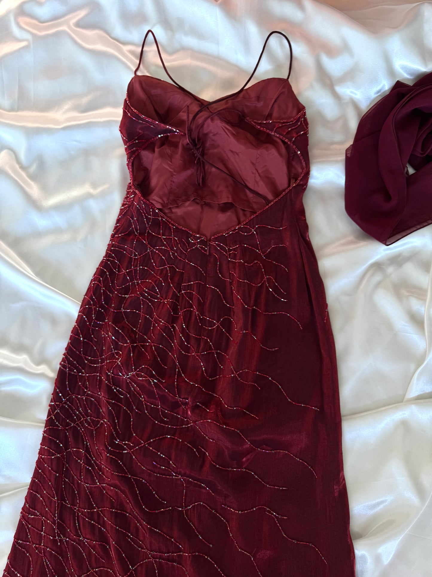 Red Flame Vampy Long Vintage Satin Beaded Gown