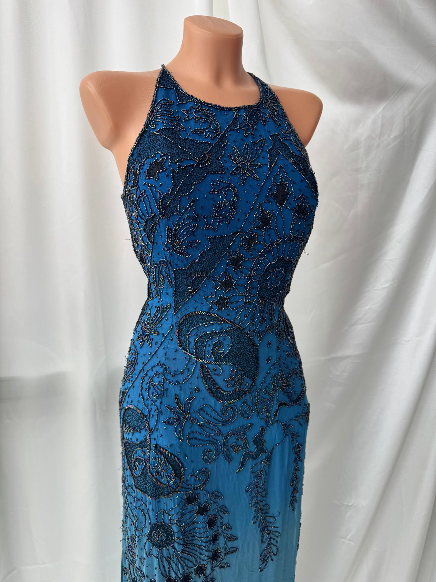 Spectacular Blue Maxi Silk Beaded Vintage Dress
