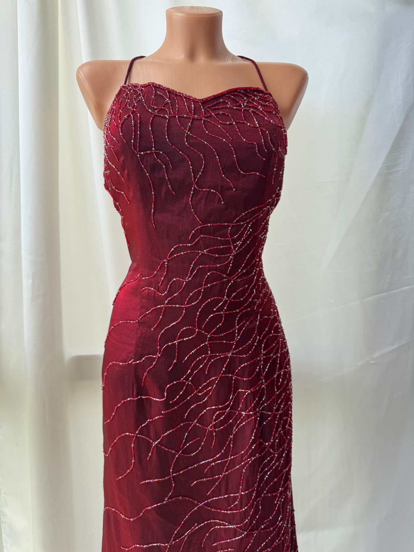 Red Flame Vampy Long Vintage Satin Beaded Gown