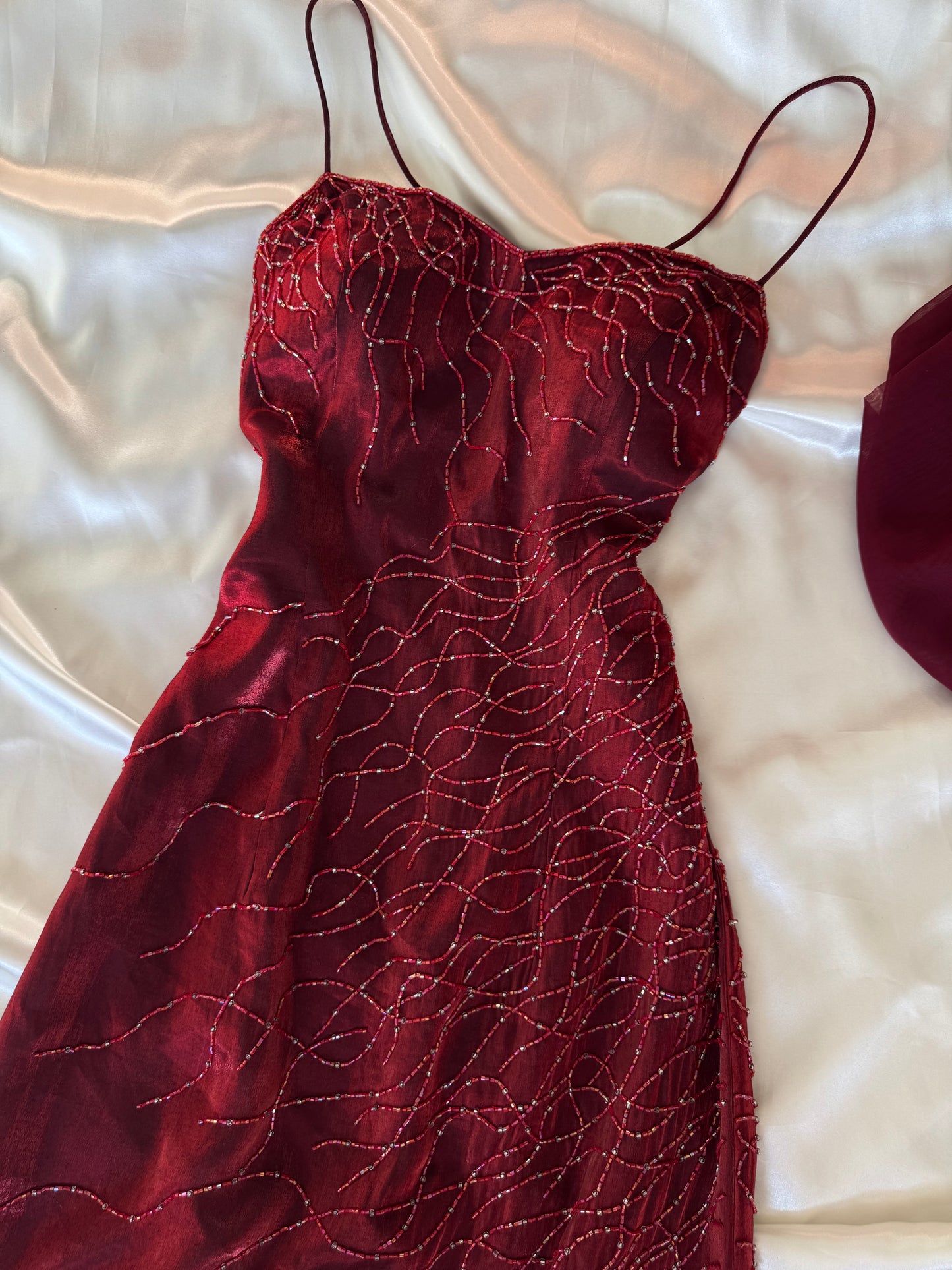 Red Flame Vampy Long Vintage Satin Beaded Gown