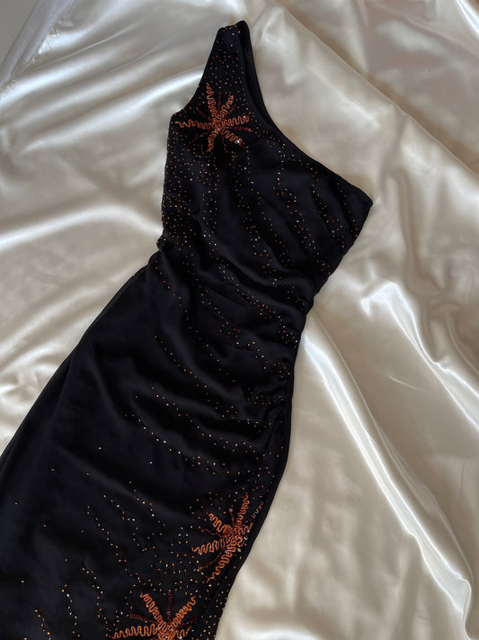 Black Beaded One Shoulder Vintage Gown