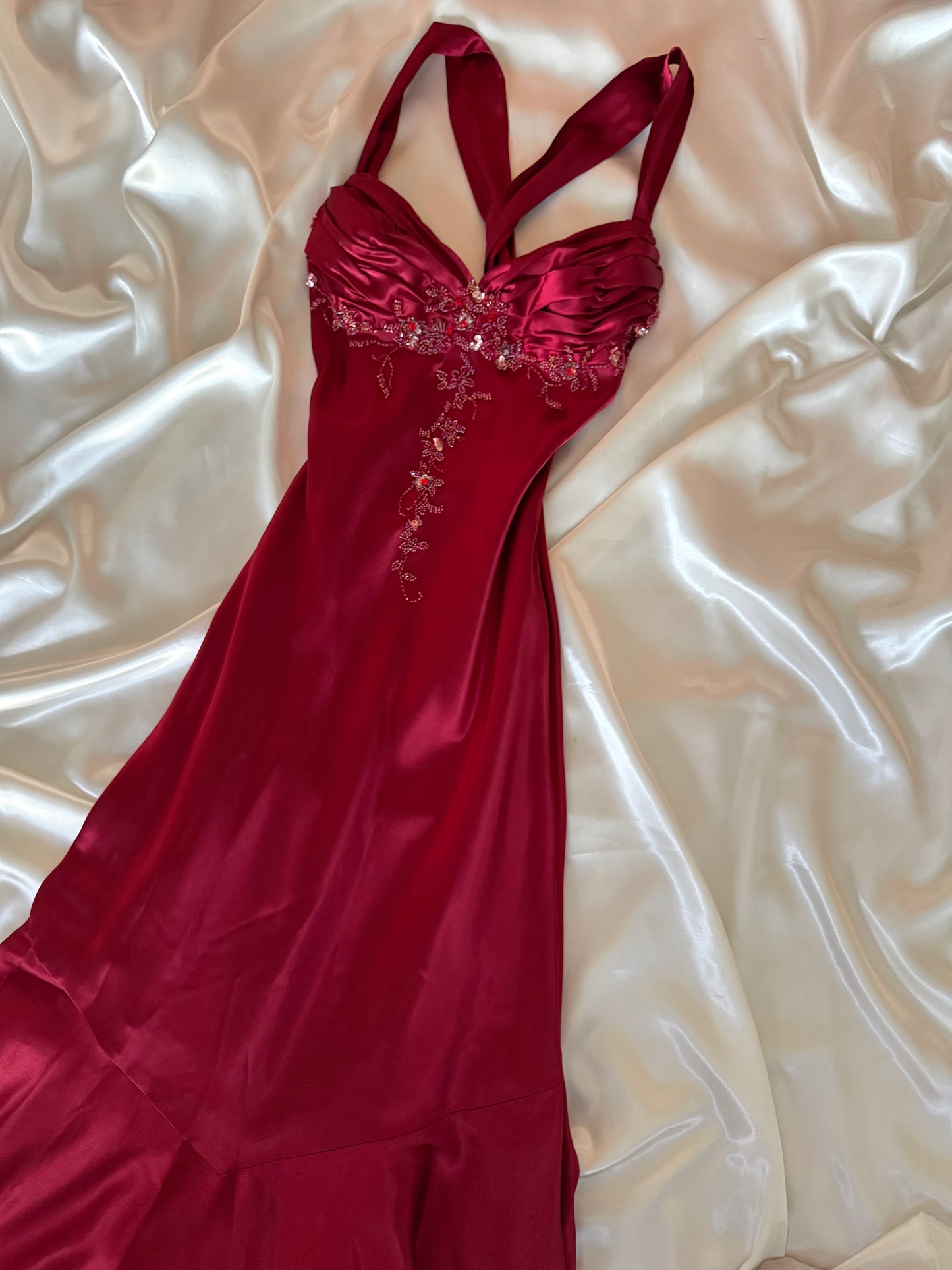 Red Vampy Long Vintage Satin Beaded Gown