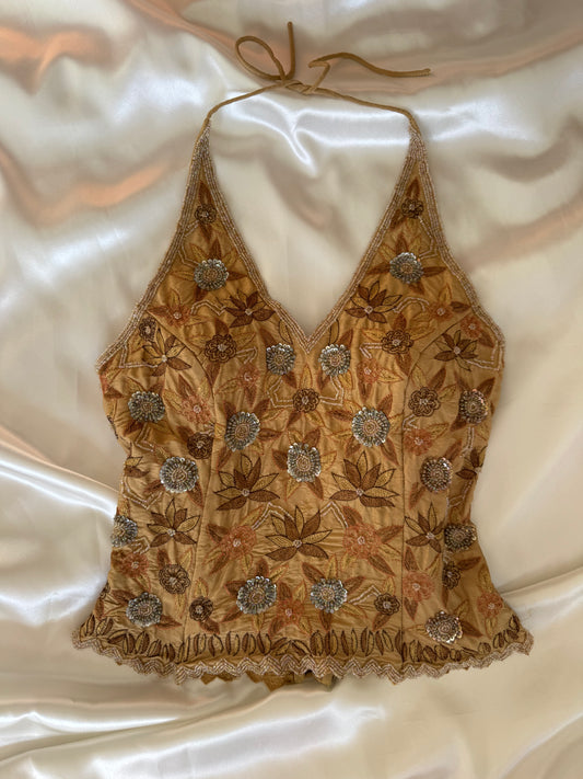 Gold Beaded Silk Vintage Top