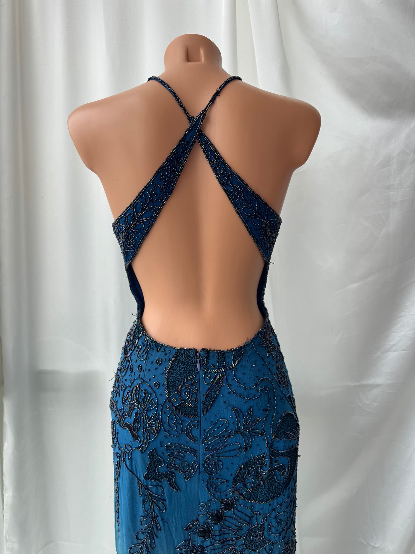 Spectacular Blue Maxi Silk Beaded Vintage Dress