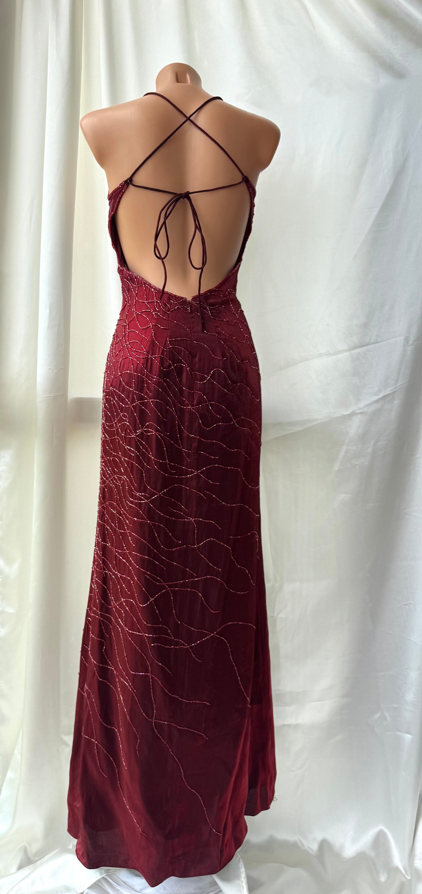 Red Flame Vampy Long Vintage Satin Beaded Gown
