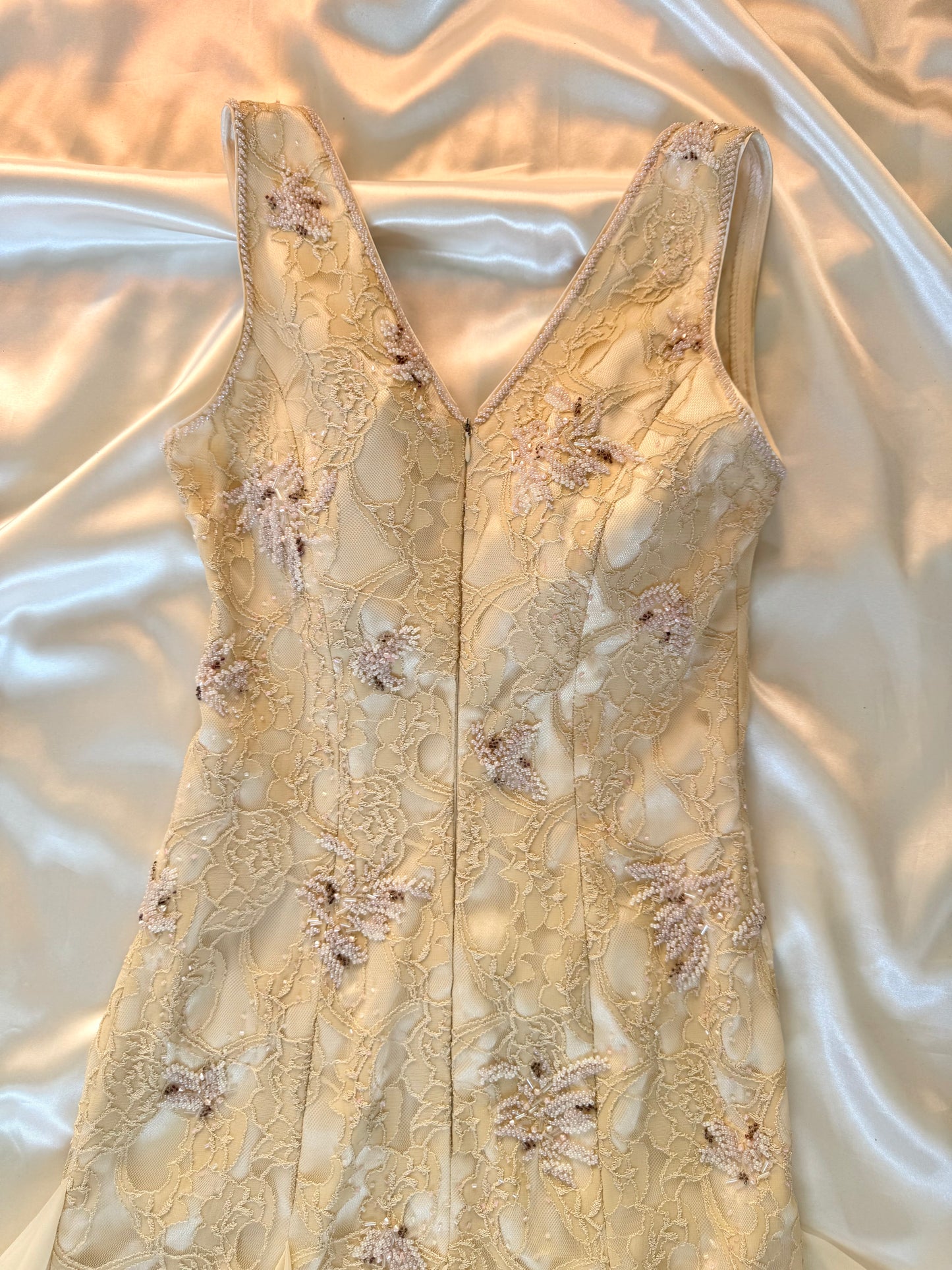 Cream Beaded Vintage Ruffle Dress