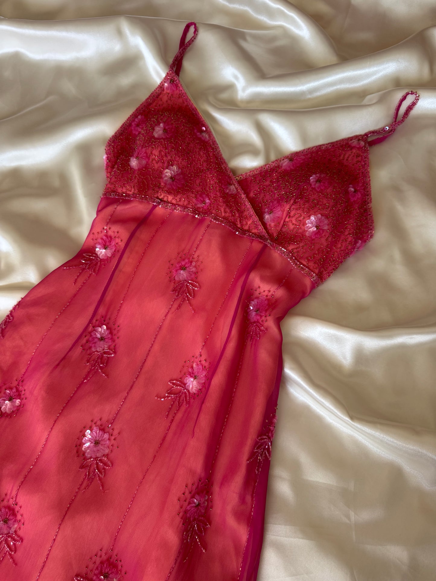 Stunning Beaded Vintage Pink Flower Silk Dress