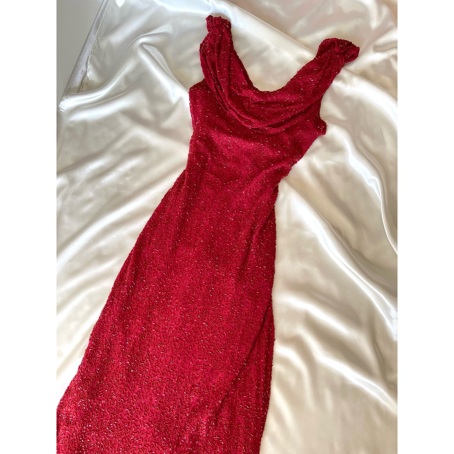 Vintage Long Red Beaded Cowl Neck Dress