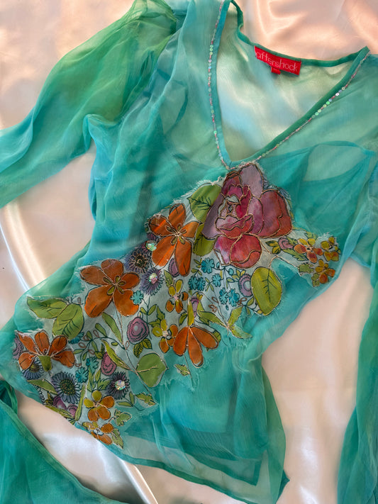 Flowy Green Blue Silk Skirt Set