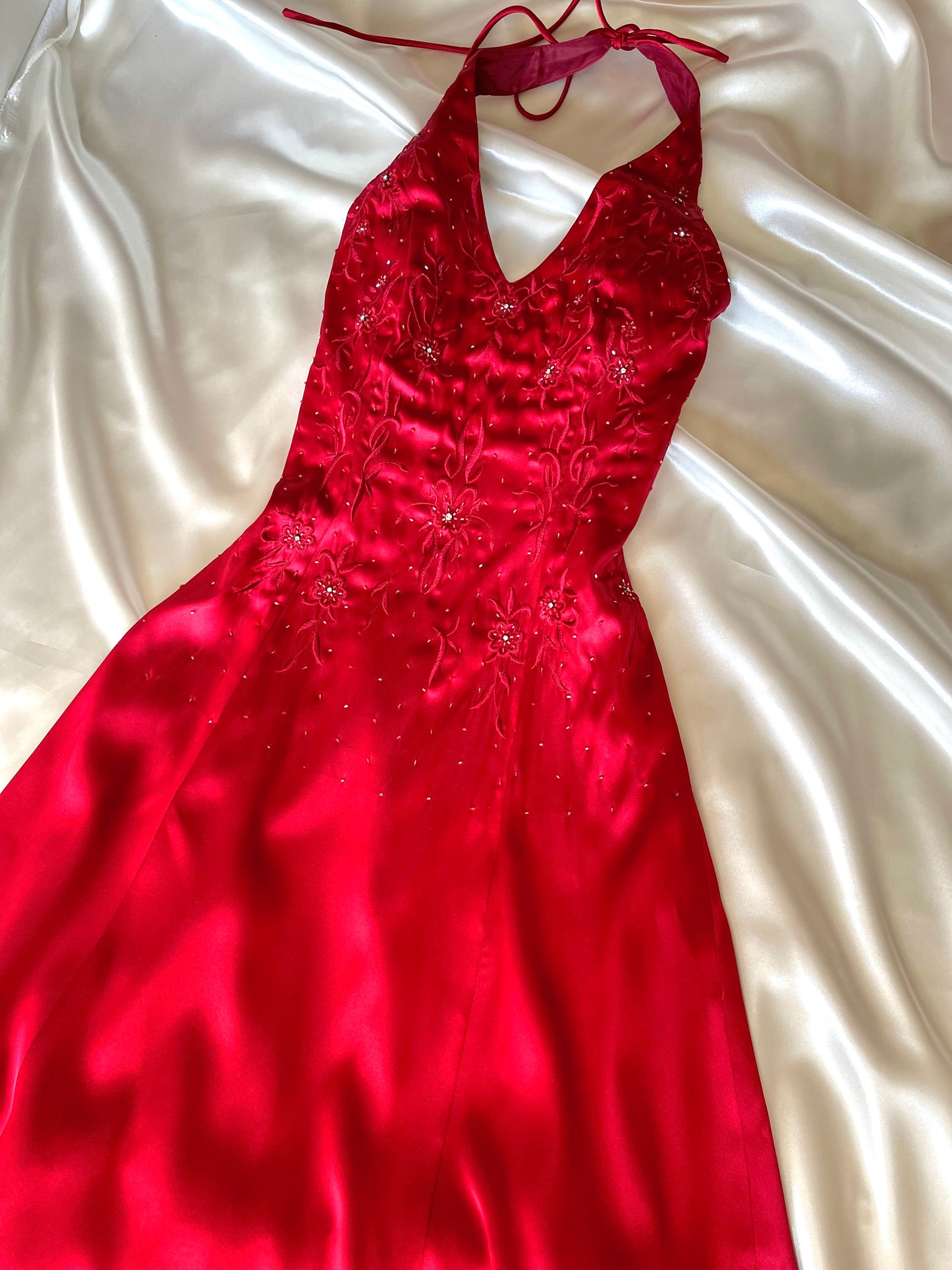 Vintage Long Red Halter Neck Satin Dress